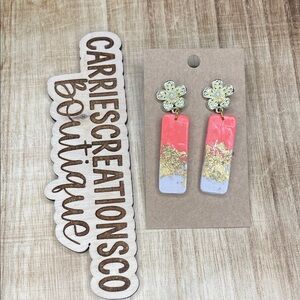 Gold Floral Pink and Lavender Drop Earrings